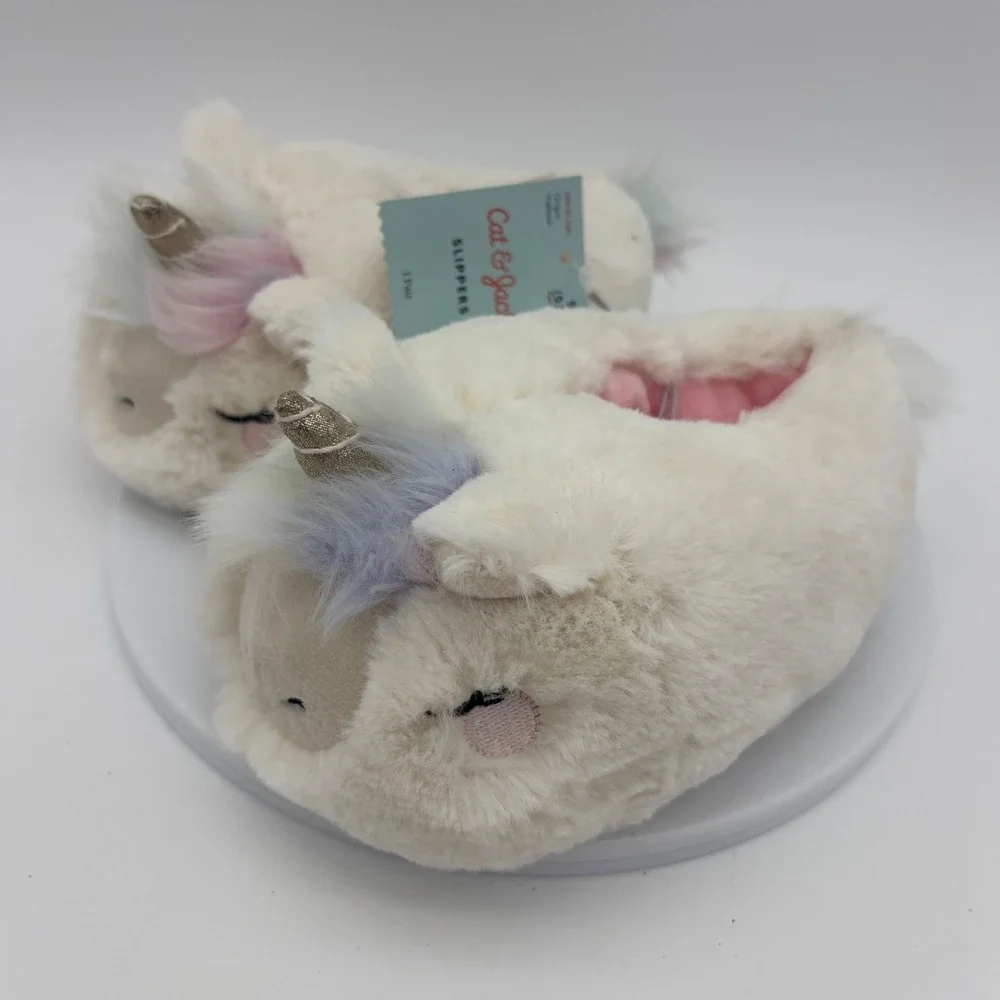 CAT & JACK‎ Kids Unicorn Slippers NEW Toddler Girl Fur Sparkle Rainbow Small 5/6